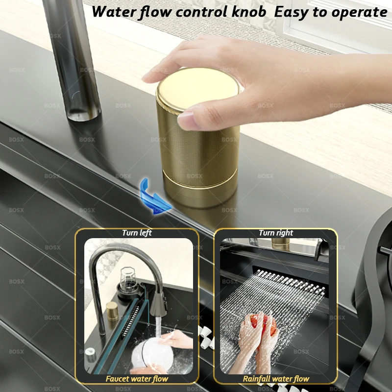 Kitchen Sink Stainless Steel Large Single Slot Multifunctional Waterfall Faucet Dishwashing and Vegetable Basin