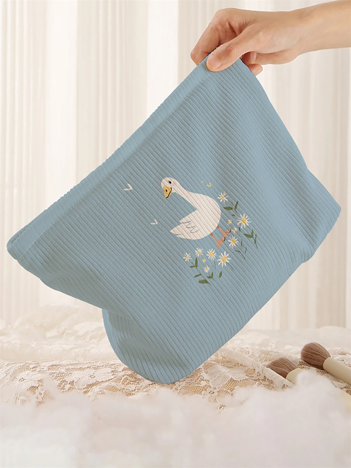 1pc duck pattern printed corduroy makeup bag, lightweight zipper makeup storage box, multifunctional bag with lining