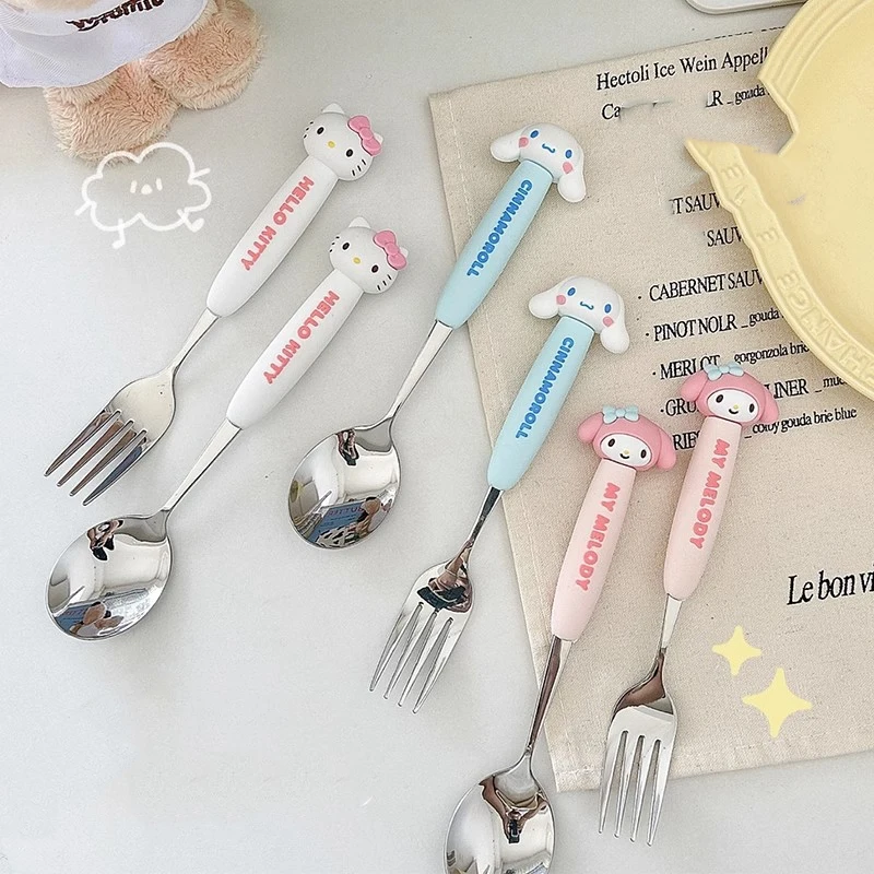 Sanrio Kawaii Hello Kitty Fork Spoon Set Anime Cinnamoroll Stainless Steel Children Eating Chopsticks Cute Household Tableware oil stain cleaner spray kitchen counter grease and rust cleaner spray stainless steel cleaning agent for stove kitchen tableware