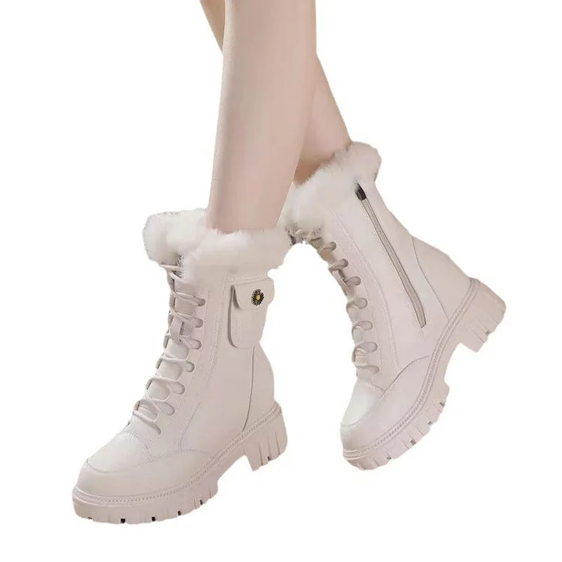 Internal Increase 7CM Women & Girls Snow Boots Winter Warm Female Antiskid Soft Leather Shoes With Thick Plush Size 35-40