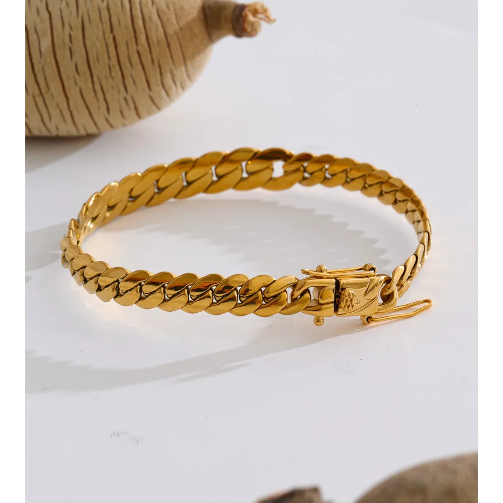 Yhpup Stainless Steel Cuban Chain Bracelet Bangle 18K Golden PVD Plated Waterproof Exclusive Style Personalized Jewelry Polished 5