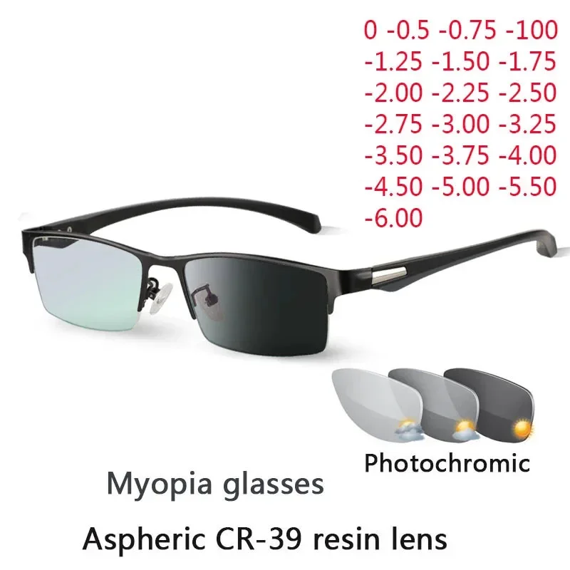 

New Sun Photochromic Myopia Eyeglasses Optical Men Student Finished Myopia Eyewear Prescription Glasses Frame Half Rim -1.0 -6.0