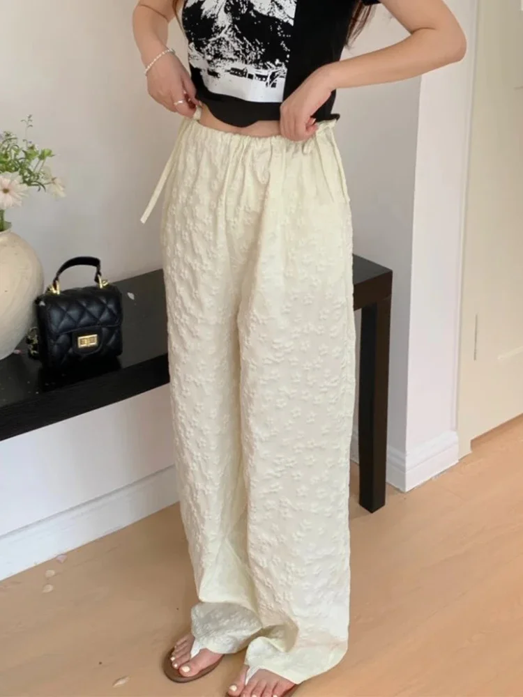 Spring Women's Design Lace Up Bow Pants Korean Fashion High Waist Versatile Jacquard Casual Women Simple Straight Tube Pants