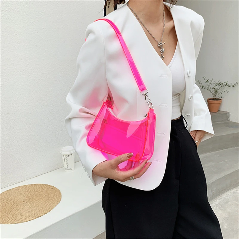 

Fashion Vintage Ladies Jelly Solid Color Clear Underarm Bag Casual Women Hobos Handbags Purse Fashion Cell Phone Shoulder Bag