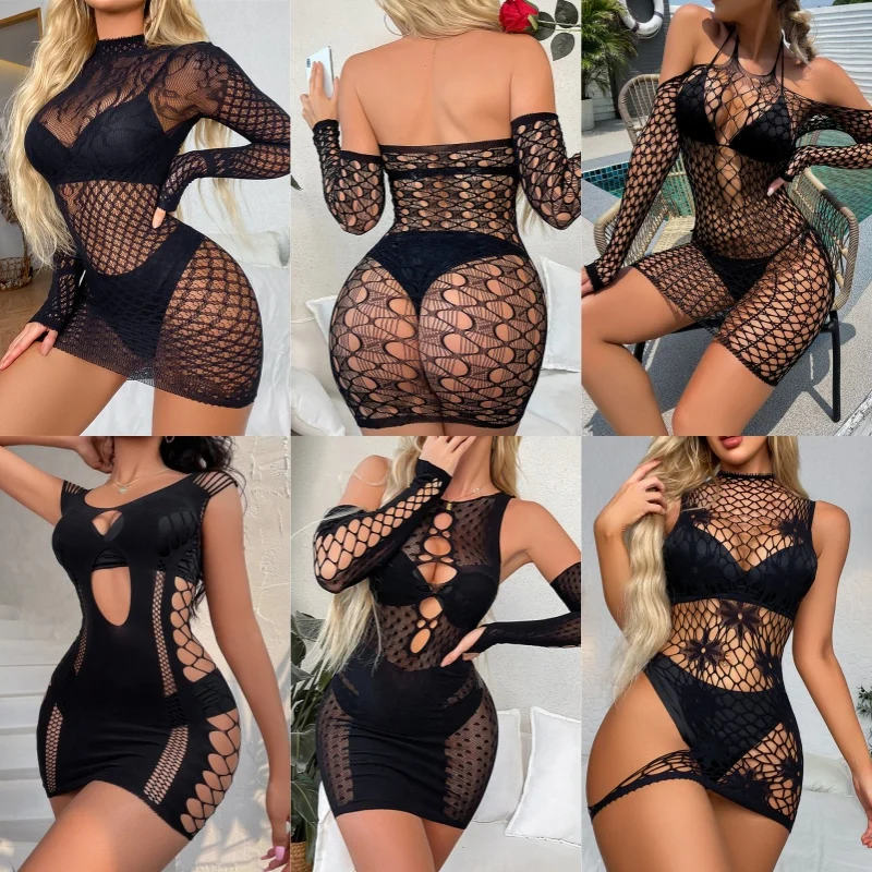 

Plus Size Fishnet Lenceria Erotica Mujer Sexi Hollow Out Transparent Babydoll Chemise Hot Pole Dance Clubwear Party Mini Dress