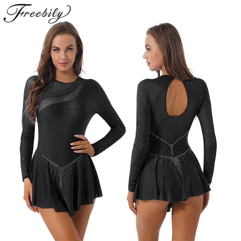

Women Sparkling Rhinestone Ballet Dance Dress See-through Mesh Patchwork Leotard Figure Skating Costume for Performance Training