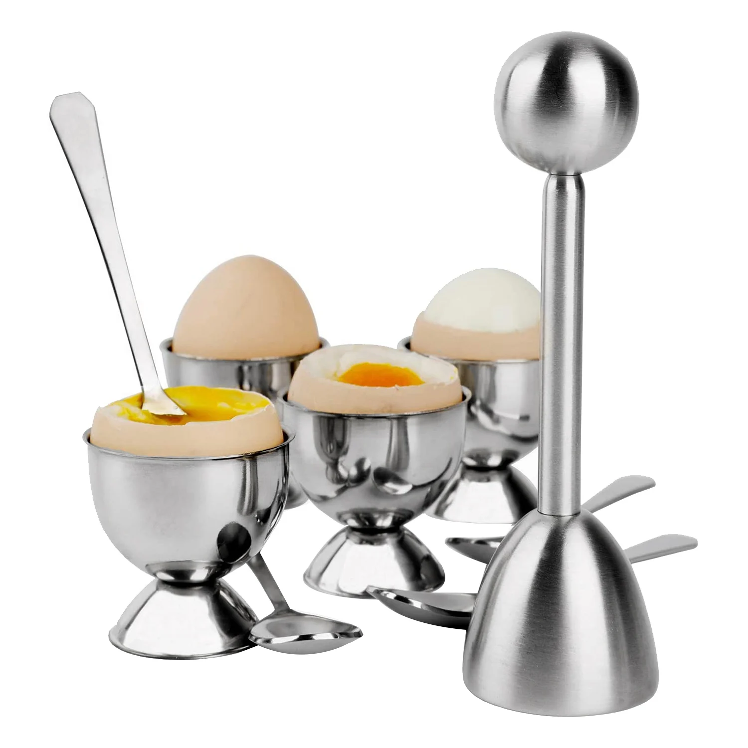 

Stainless Steel Egg Cracker Topper Set Hard Boiled Eggs Separator Holder 4 Spoons 4 Cups 1 Shells Remover Top Cutter