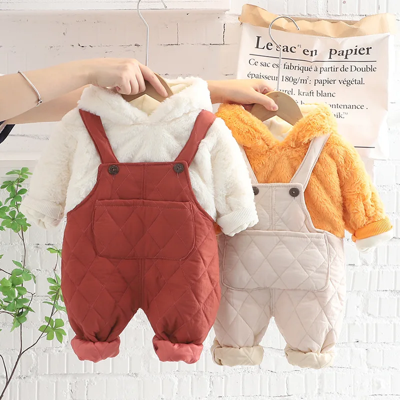 

LZH 2022 New Baby Girl Clothes Infant Boy Suit Keep Warm Plus Velet Overall And Hoodie Long Sleeves Set Two Pieces 0-4 Years Old