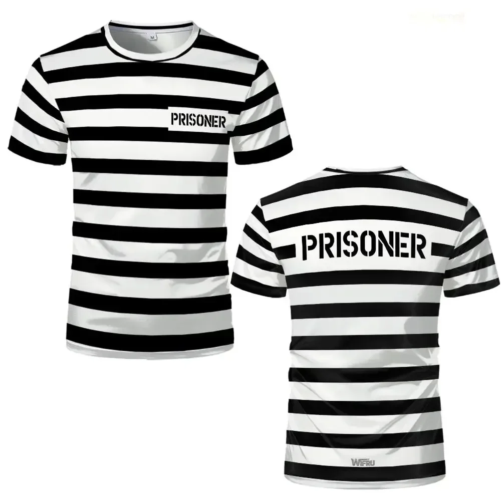 2026 Neues Gestreiftes Gefangenen-T-Shirt Schwarz-Weiß Gefängnisthema Lustiges und Neuartiges Kurzarm-Shirt für Männer und Frauen Party-Cosplay-Kostüme
