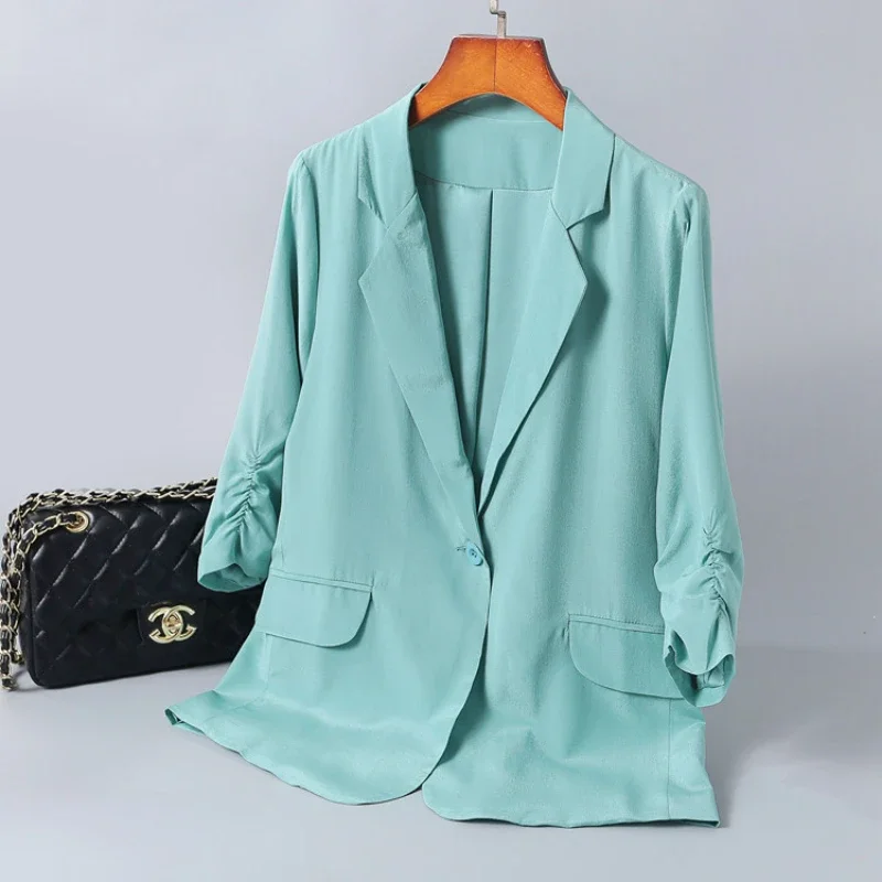 100% Silk Blazer Women Clothing Fashion Ladies Black Coat Elegant Womens Jackets One Button Suit Female Blazers Chaquetas Lq762