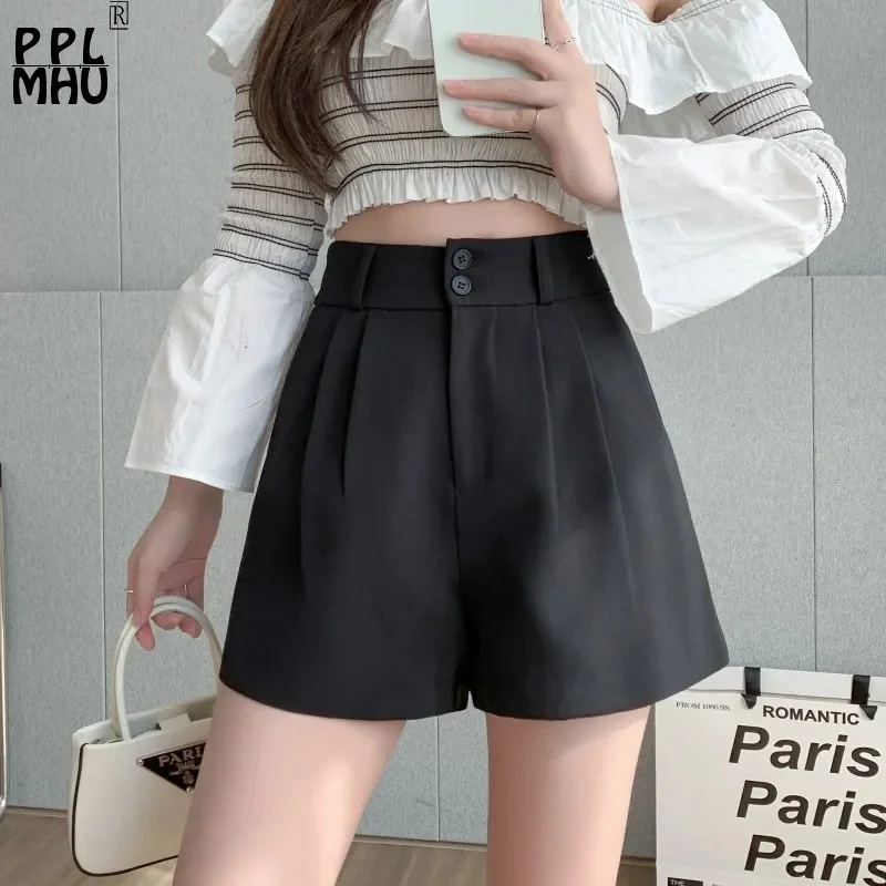 

Black Elastic High Waist Suit Shorts Women Casual Loose Short Summer Pants Brown Basic Lightweight Pantalones Cortos Mother