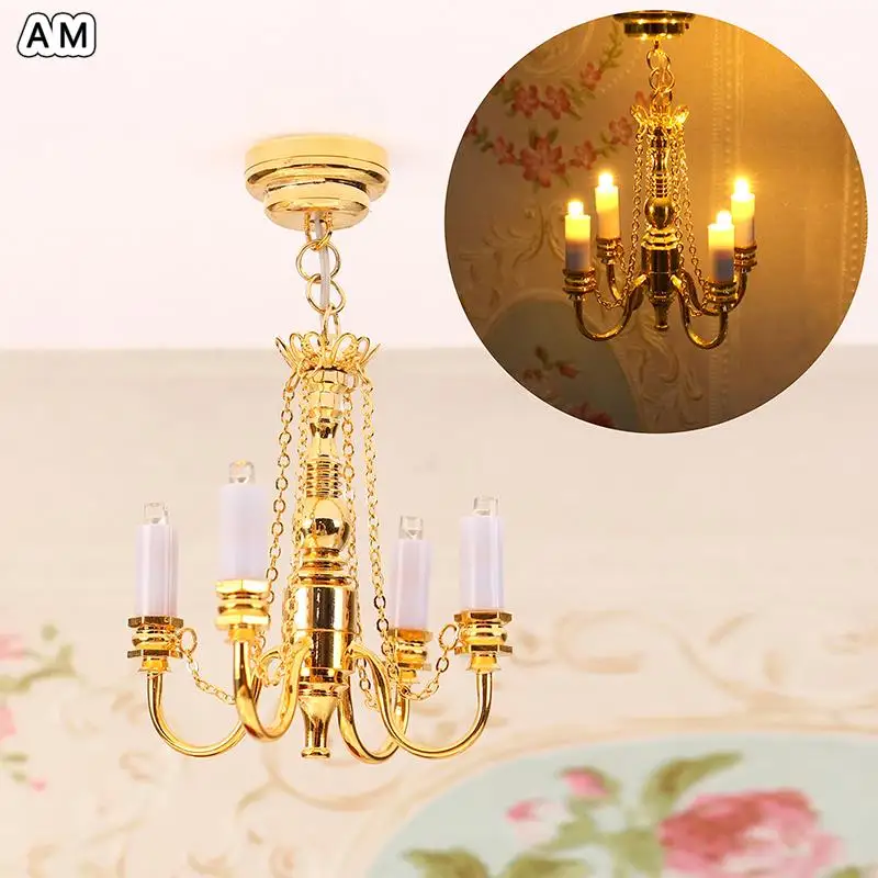

1:12 Dollhouse Miniature Lamp Led Ceiling Lamp Gold Chandelier Droplight Lighting Home Furniture Model Decor Toy