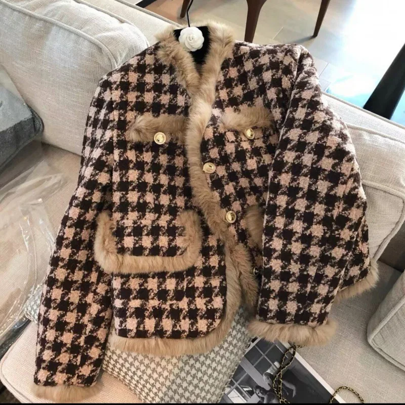 

Retro Debutante Style Woolen Coat For Women 2023 Autumn And Winter New Fleece-Lined Thickened Woolen Plaid Coat Fashion