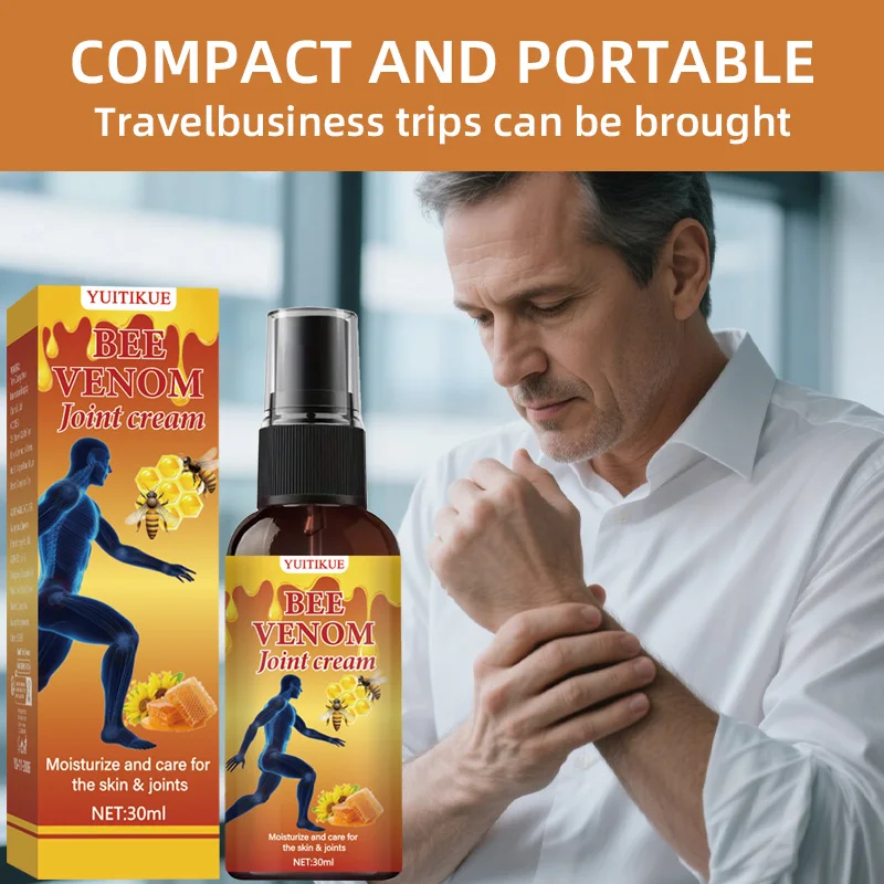 Bee Venom Joint Spray, containing bee venom, collagen, and hyaluronic acid, deeply moisturizes, is lightweight and non-greasy