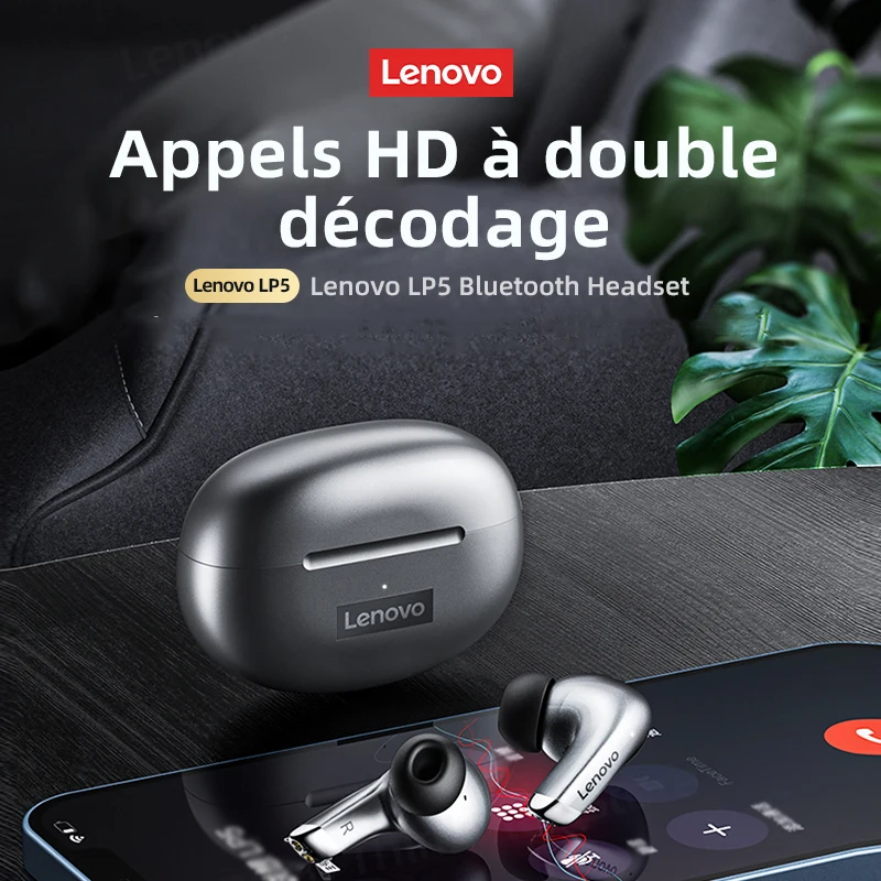 Lenovo-Écouteurs Bluetooth sans fil LP5, écouteurs de musique HiFi avec micro, casque de sport étanche, 100% d'origine, nouveau, 2022