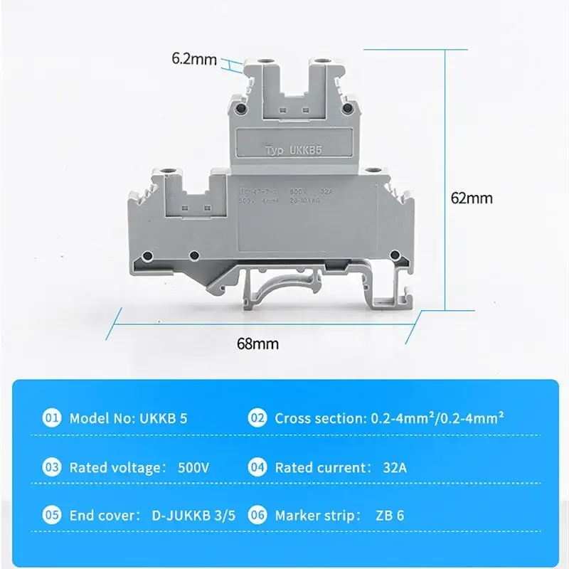 Din Rail Terminal Block UKKB-5 Connector Double Layer Screw Wiring UKKB5 Screw Terminal Block 2 Level Wire Conductor 10Pcs din rail terminal block din rail