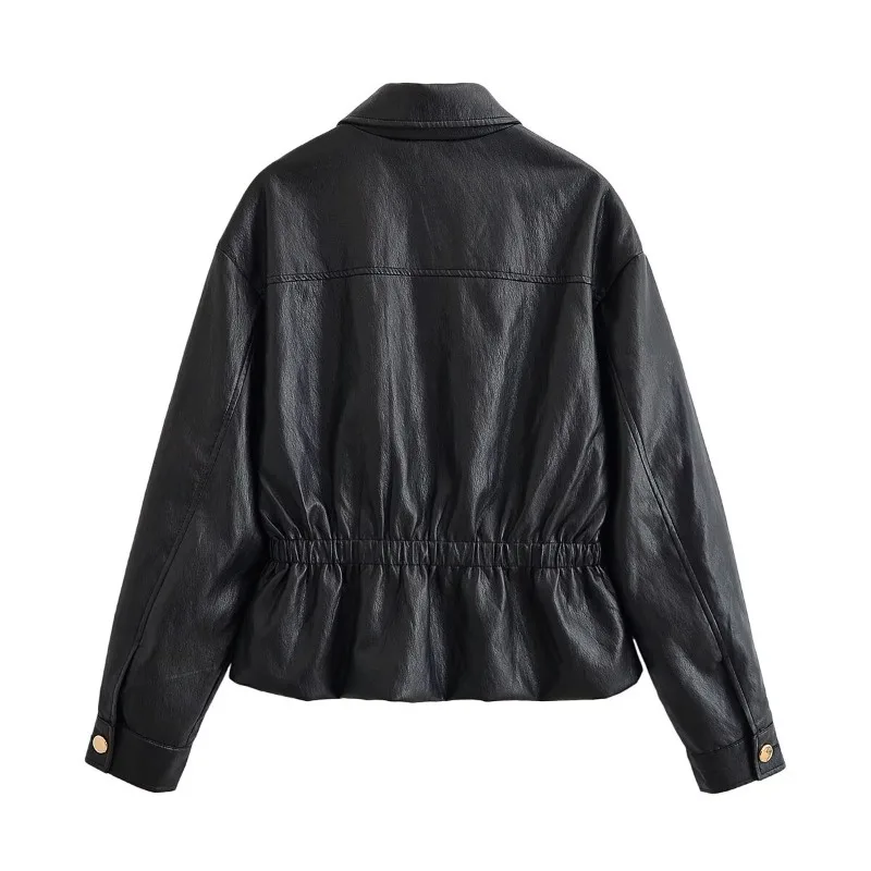 Guobioziy New Women's Classic Commuter Style Versatile High End Two Tone PU Leather Short Jacket Zipper Closure Polyester Fiber