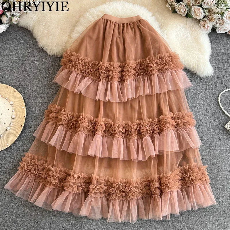 

OHRYIYIE 92cm Long Tulle Skirt Women Fashion Mesh Tiered Skirt Female High Waist Patchwork Pleated Skirt Lady Long Tutu Skirts