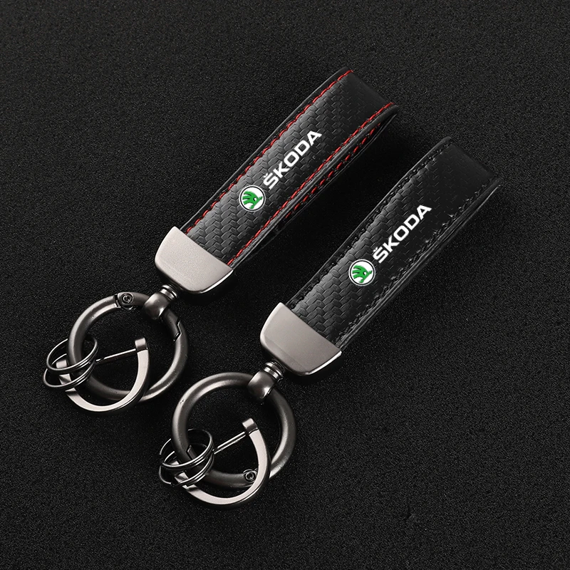 LeatherCarbonFiberCarRingsKeychainZincAlloyKeyringsForSkoda