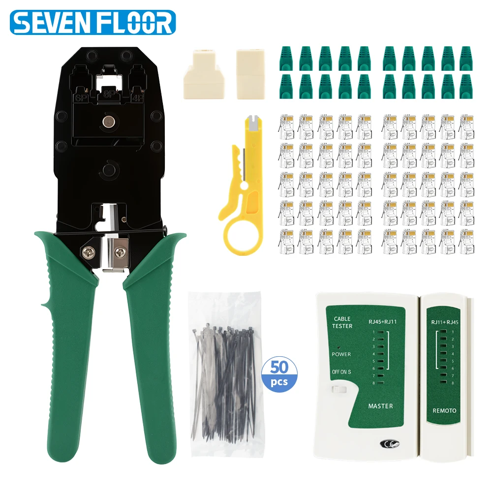 RJ45 크림핑 툴 키트 4P 6P 8P 이더넷 LAN 케이블 테스터 50개 Cat5 플러그 스트리퍼 스플리터 커플러 케이블 타이 커넥터 부츠