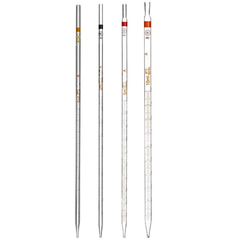 스포이드 링 눈금 피펫 유리 피펫, A 등급 실험실 장비, 0.1 ml, 0.2 ml, 0.5 ml, 1 ml, 2 ml, 5 ml, 10 ml, 15 ml, 20 ml, 25 ml, 50ml