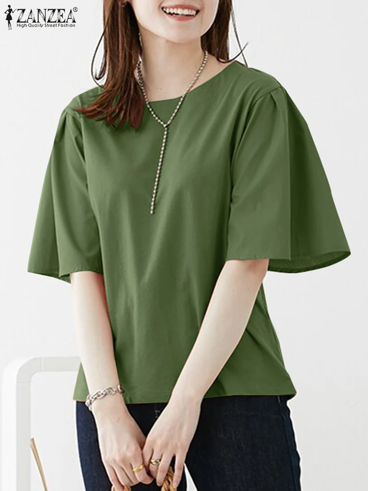 

Женские Стильные топы ZANZEA, летняя однотонная блузка с коротким рукавом, Повседневная рубашка, женские элегантные офисные блузы, Женская туника с круглым вырезом