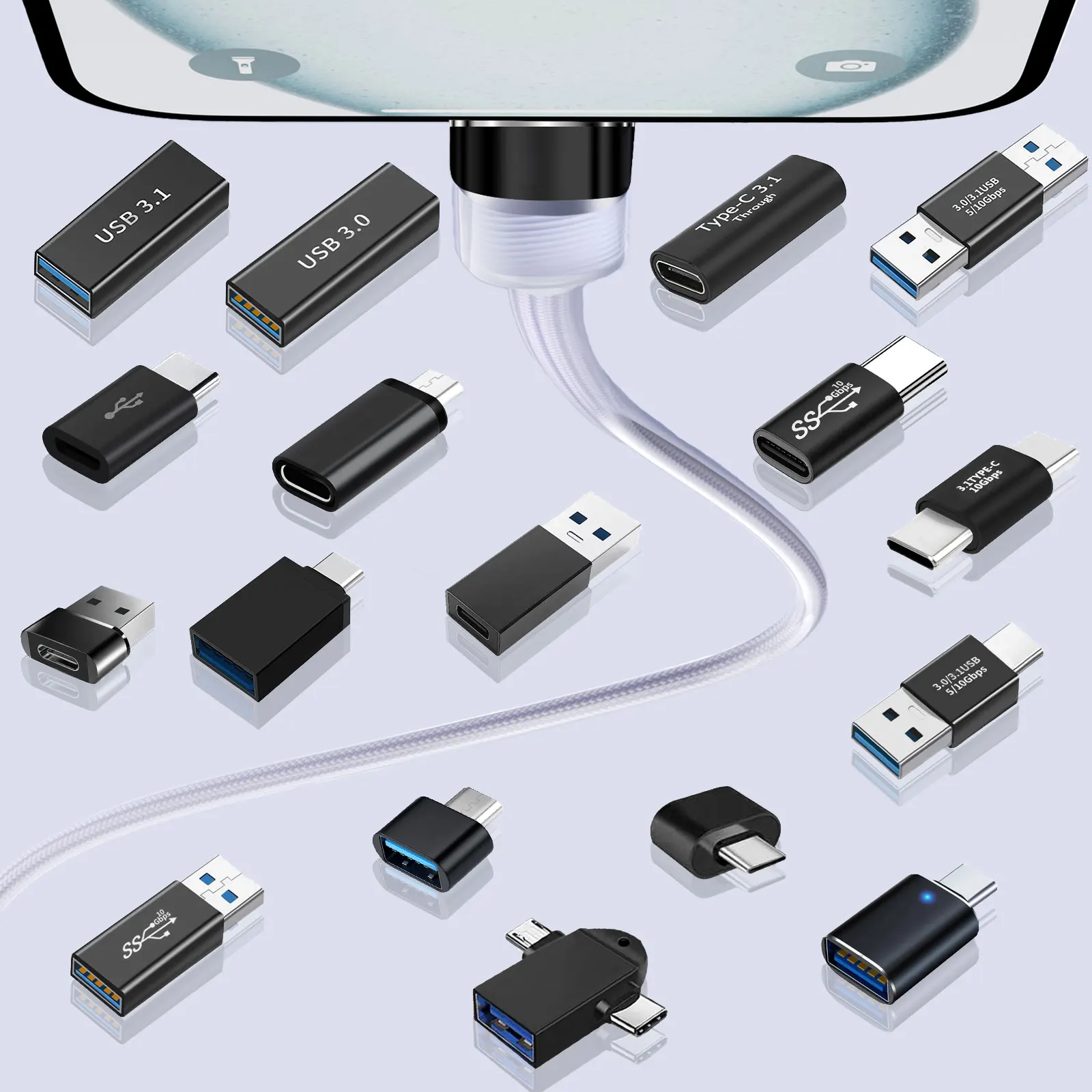 새로운 17개 USB-C-USB 3.0, USB-마이크로-B, 암-수 어댑터 스마트폰 안드로이드 폰 태블릿용 OTG 전원 모드