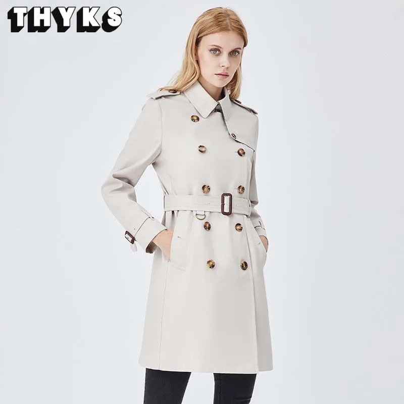 

2023 Autumn New Fashion Commuter Mid Length Windbreak Women's Classic Double Breasted Solid Color Waist Retraction Coat Women