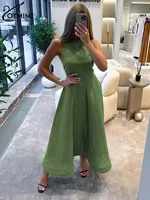 Oymimi Elegant Green Cotton Women's Dress Fashion O-Neck Sleeveless Dresses Casual New High Waist A-Line Mid-Calf Dresses Female - Image 3