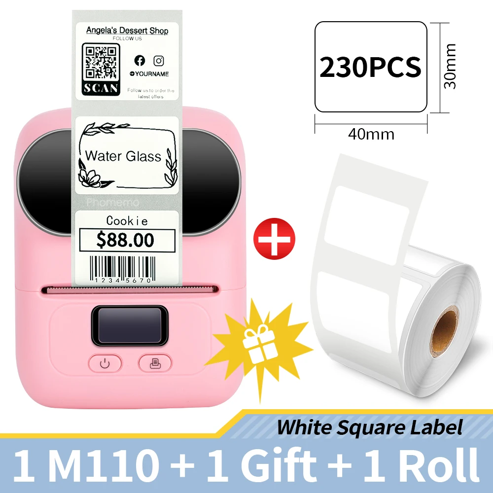 Phomemo M110 labelprinter, mini-thermo sticker machine, mobiele bluetooth printer voor barcode, kleding, sieraden, detailhandel, adres, compatibel met Android & iOS, inclusief 1 rol etiketten, wit