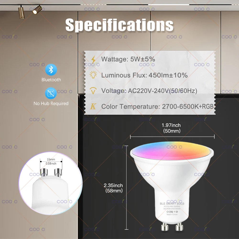 COOLO Tuya Smart Life GU10 Bluetooth Smart LED Light Bulbs RGB W + C 5W Dimmable Lamps AC 220V App Remote Control Spotlight Bulb, smart led light bulbs