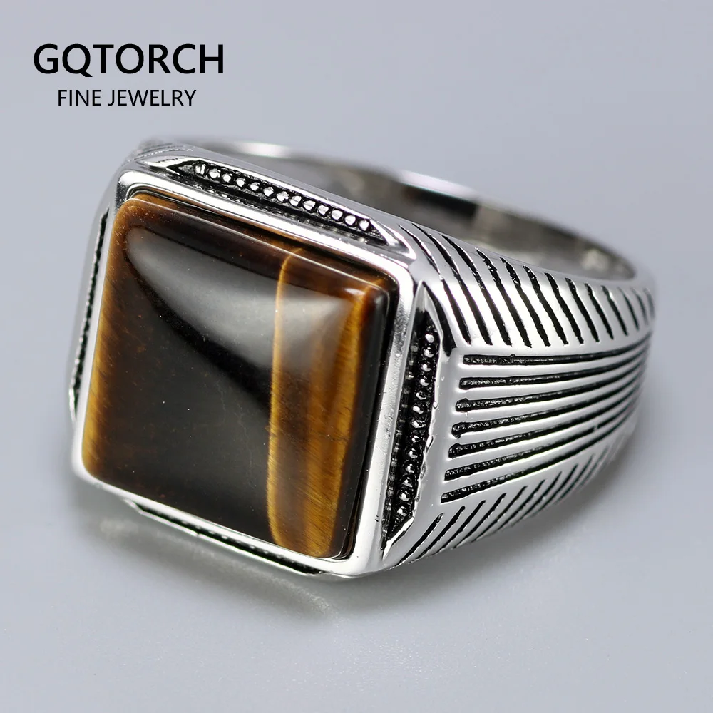 Silver Rings Man Ring Tiger Eyes Natural Stone Stripe Pattern Ringen