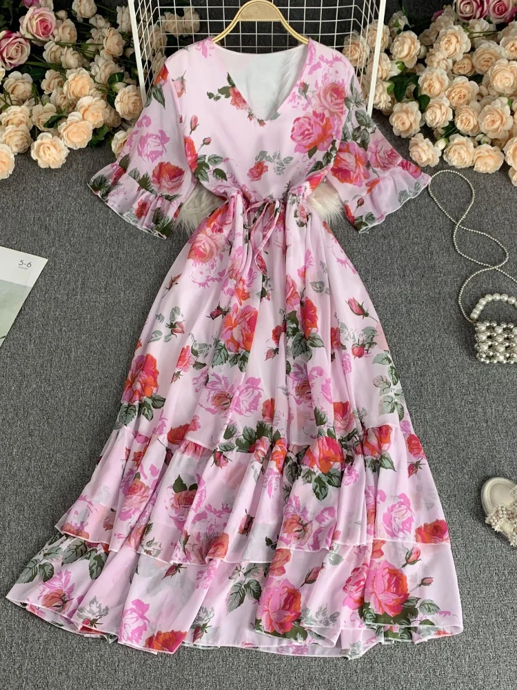 

Women Elegant V-neck Flare Sleeves High Waist Slim A-line Dress Summer Chiffon Beach Vacation Print Sexy Vintage Dresse's