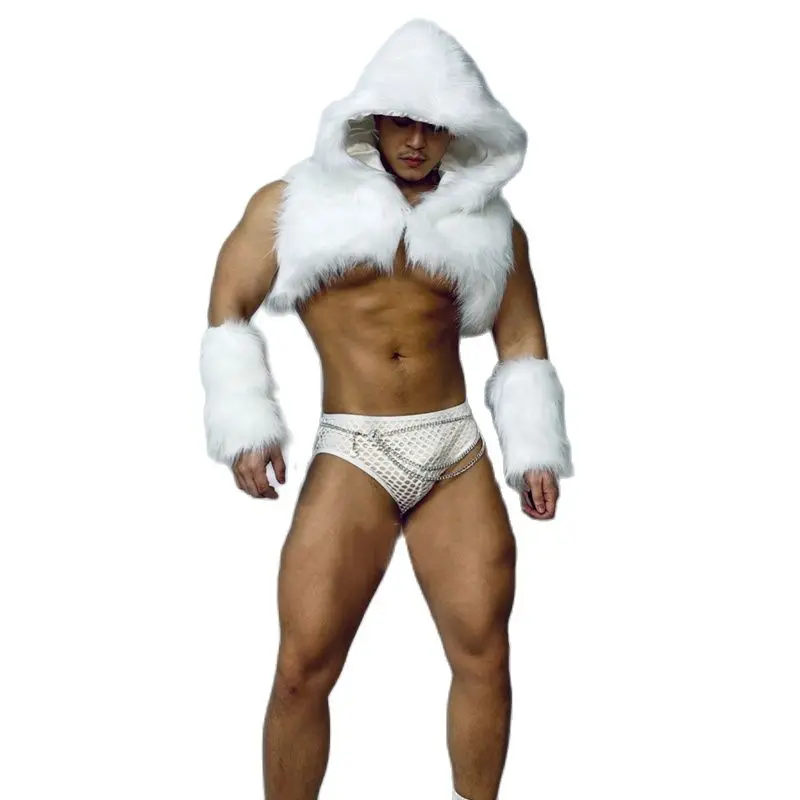 tango outfit men Men'S Nightclub Bar Gogo Dancer Costume Sexy White Hooded Fur Vest Suit Burning Man Stage Rave Outfit Pole Dance Clothing XS3660 cha cha men's clothing