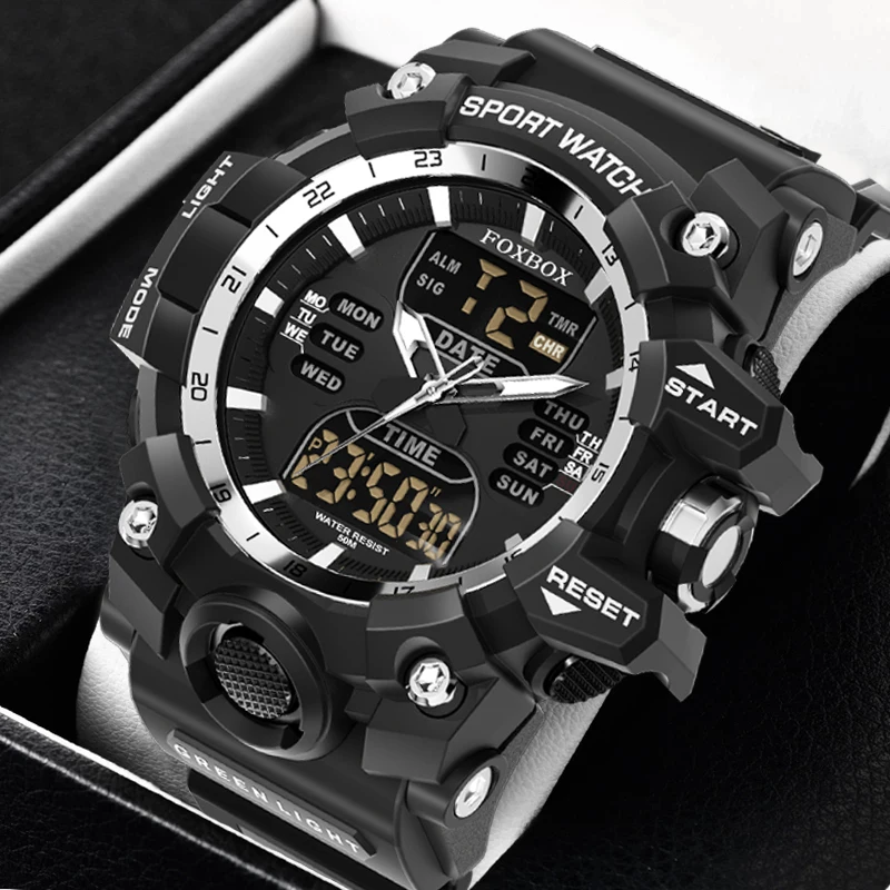 FOXBOX New Men Watch Dual Time LED Digital Watch for Men Waterproof