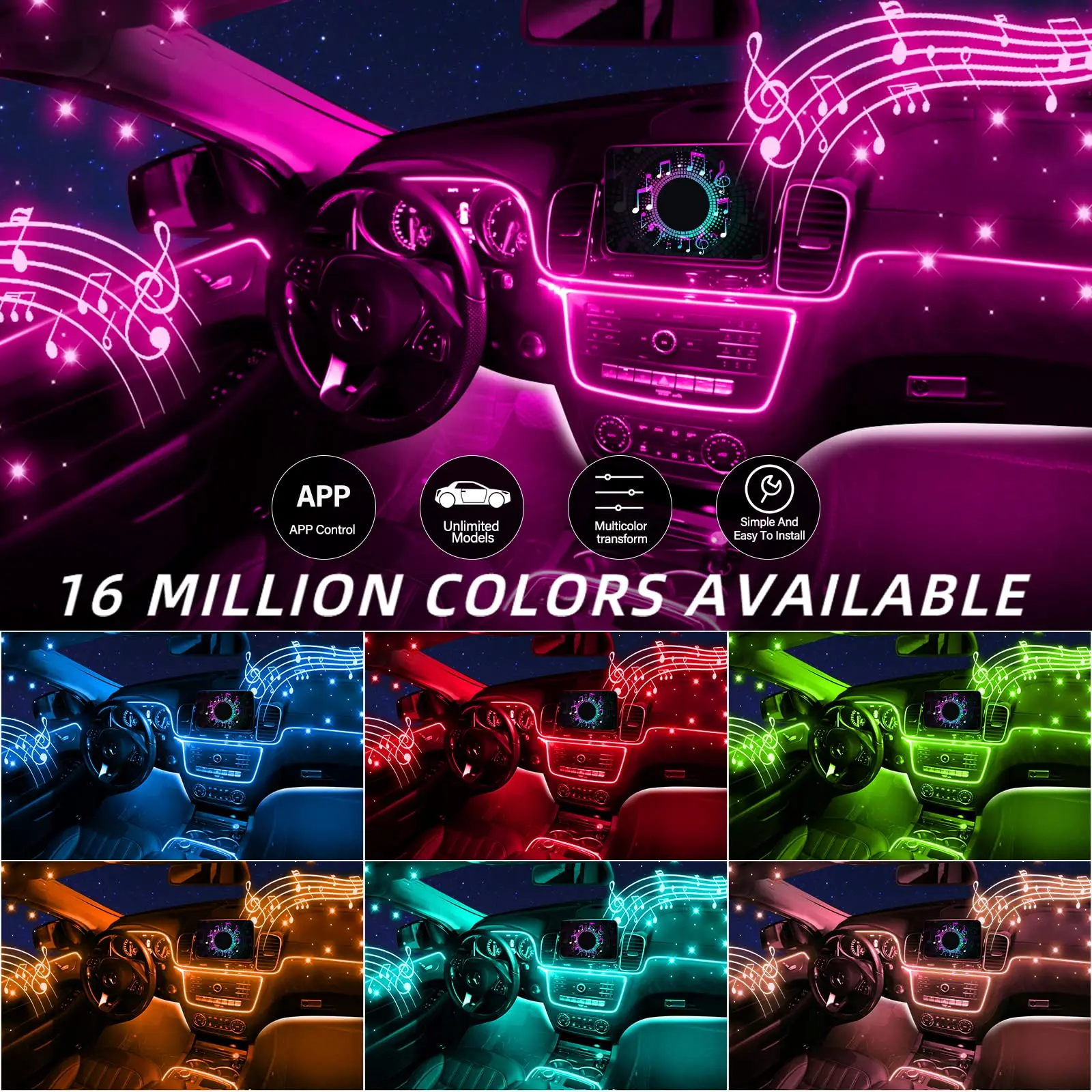 Neon Car LED Interior Lights RGB Ambient Light Fiber Optic Kit