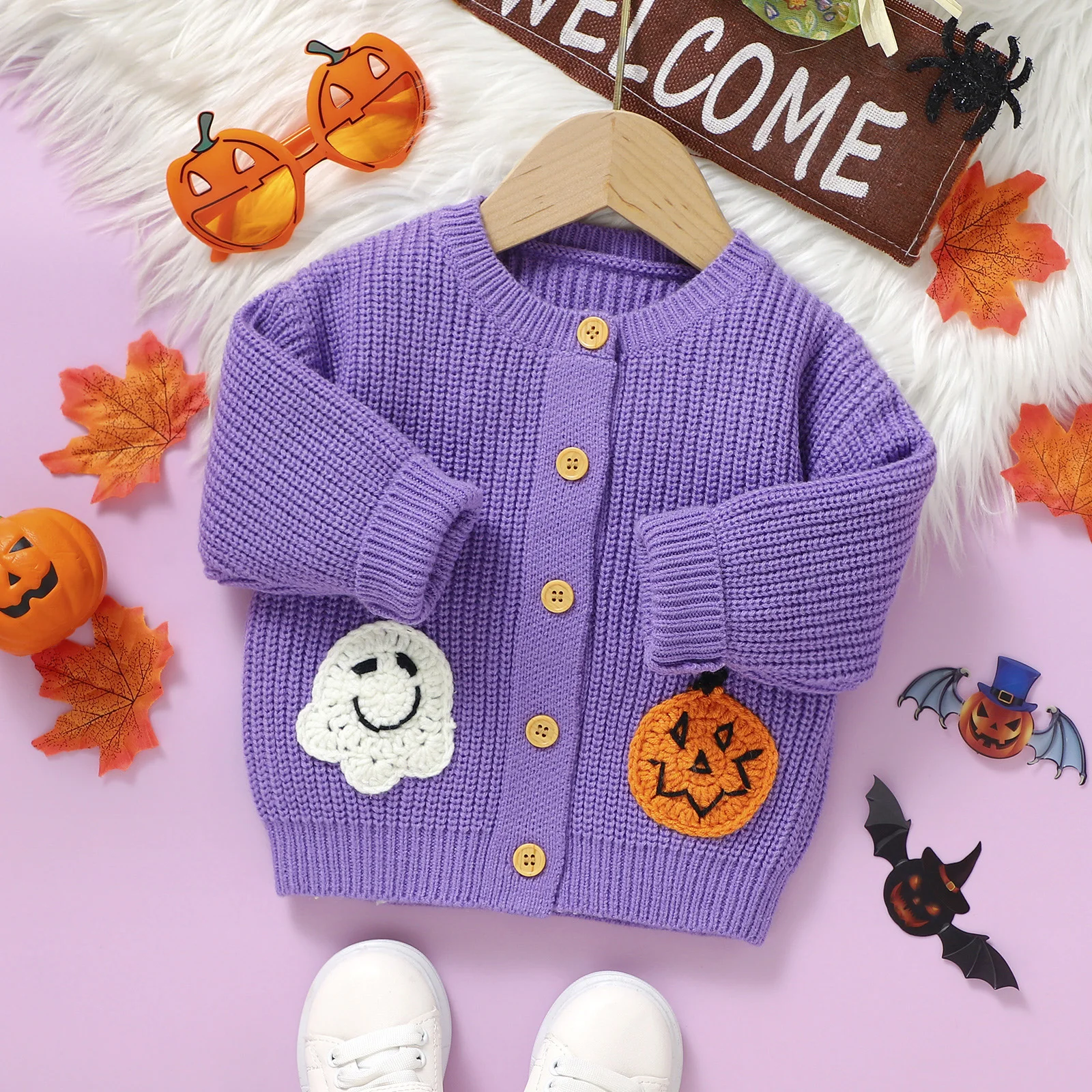 FOCUSNORM 가을 겨울 여아 니트 가디건 스웨터, 유령 호박 자수, 긴 소매 싱글 브레스트 탑, 0-3Y