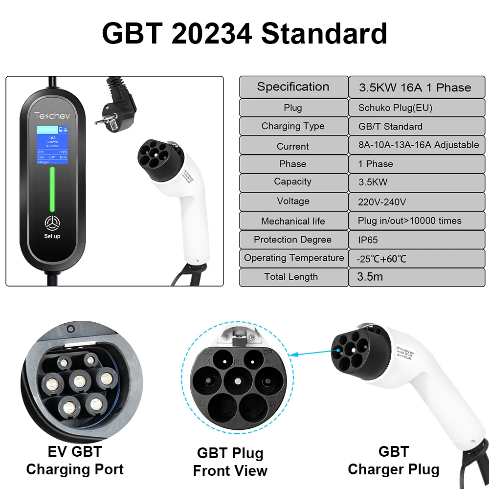 Portable EV Charger Teschev 220V Portable EV Charger Type1 16A Charging Cable GBT Wallbox EVSE Type2 Charging Stations for Electric Vehicle