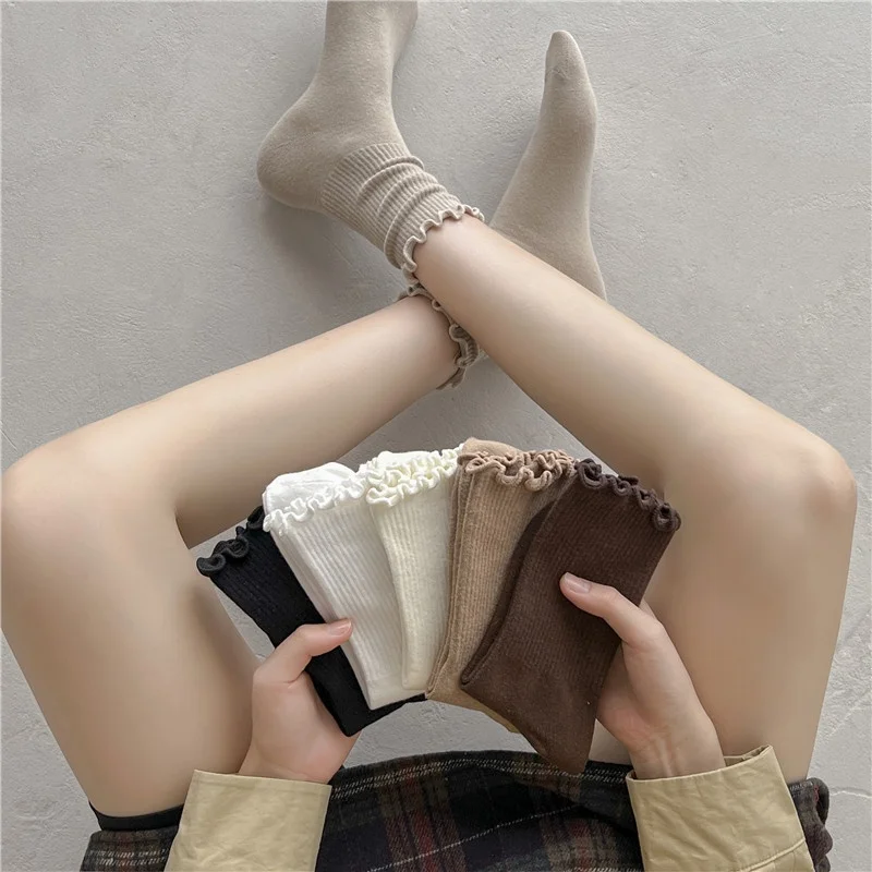 

ALLTOOALL Socks for Women Ruffle Cotton Middle Tube Ankle Short Socks Breathable Black White Korean Harajuku Spring Autumn