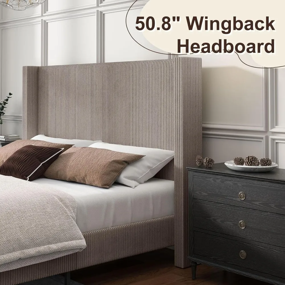 Queen Size Upholstered Platform Bed Frame, Wingback Bed with 50.8"Headboard, Corduroy,Solid Wood Leg,Noise Free,Taupe,Bed Frames 3
