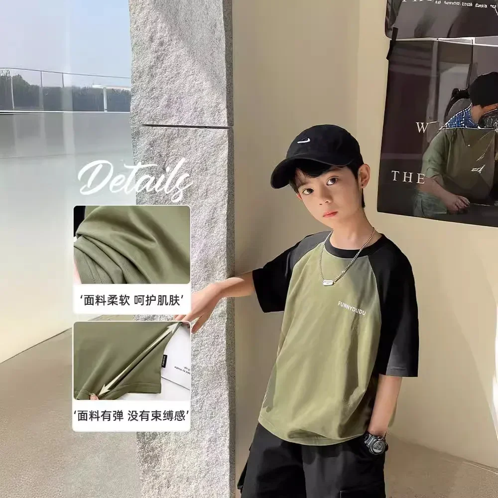 2024 Boys Pure Cotton Short Sleeved T-shirt Raglan Sleeve Top Trendy Children's Clothing Summer New Korean Style 4