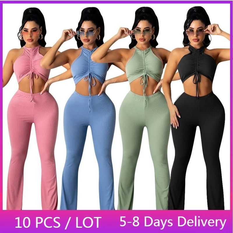 

Wholesale Items Ribbed Summer Outfits for Women Sleeveless Bandage Crop Top and Wide Leg Pants Set Clubwear Sexy Two Piece Set