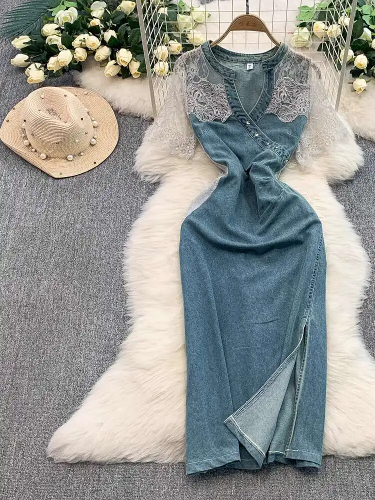 Lace Short Sleeve Denim Jeans Dresses Women Summer Crochet