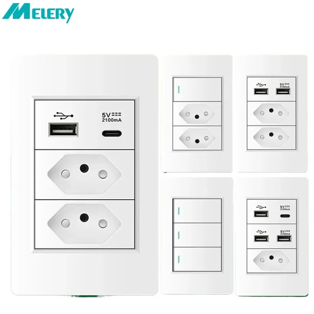 Melery สีขาวสีดําสีเทา 16A 118*72 US บราซิลอิตาลีสวิตช์ไฟ, แผง PC 1/2/3/4gang 1/2way สวิทช์ on Off, ผนังปลั๊กไฟฟ้า 1