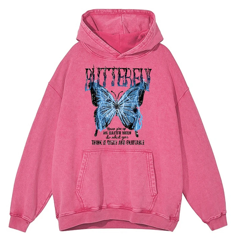 thumbnail image 1 of Sudadera con capucha para hombre, estilo retro, desgastado, con estampado de mariposas y relámpagos azules, con palabras creativas, de gran tamaño, cálida, 100 % algodón, a la moda, para otoño, 1 of 4