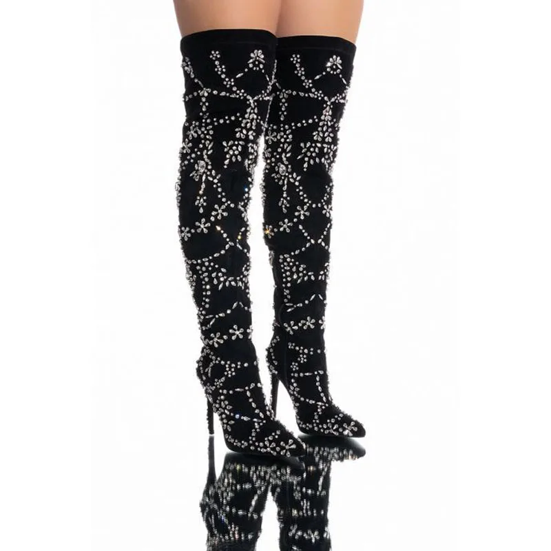 

Bling Floral Spray Crystal Embellished Thigh Boots Pointed Toe Stiletto High Heel Woman Flower Rhinestone Over The Knee Boots