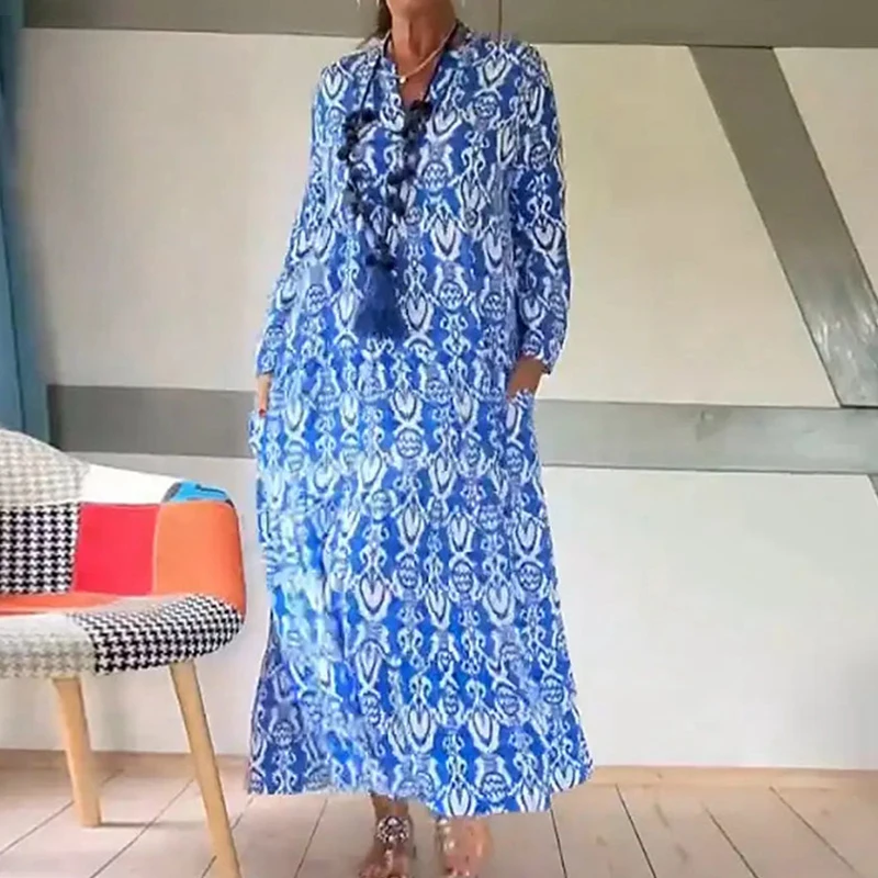

Women Elegant V-neck Loose Bohe Long Dress Casual Spring Long Sleeve Beach Dresses Fashion Pattern Print Pockets Party Dress
