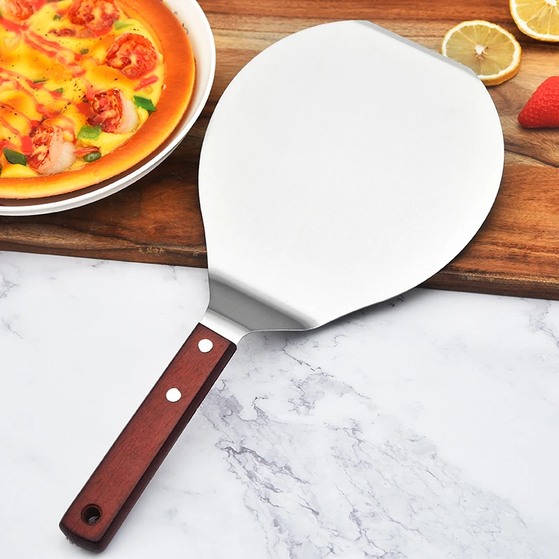 1Pc Stainless Steel Pizza Shovel Cypress Handle Round Pot Shovel Cake Mobile Kitchen Equipment Supplies