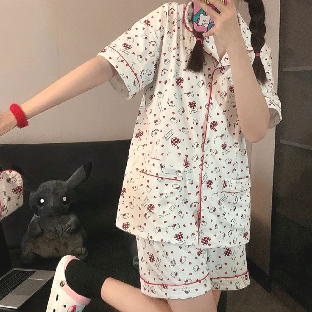 

Kawaii 2 Pieces Pajamas Sets Sanrio Hello Kitty Cinnamoroll Anime Homewear Summer Short-Sleeve Cardigan Pijama Suit Girl