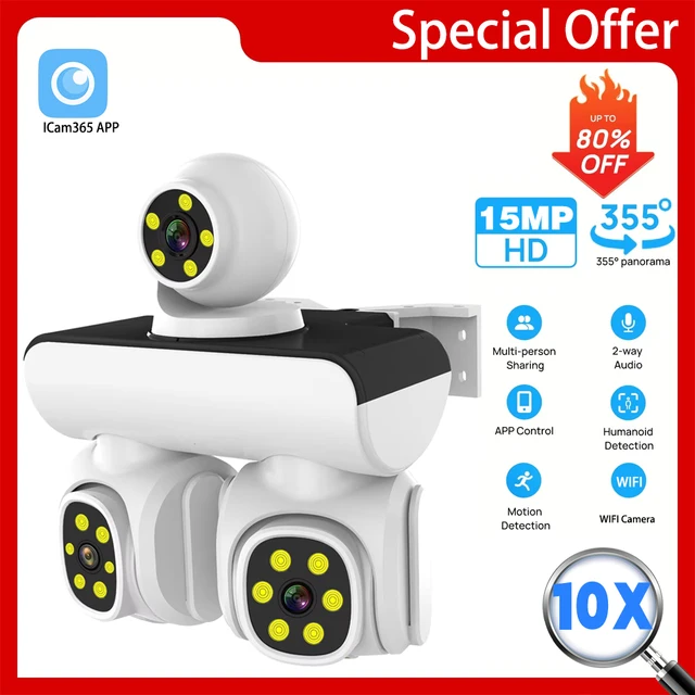15MP extérieur trois objectifs 360 degrés sans fil PTZ caméra ICam365 moniteur WiFi trois lentilles CCTV réseau sécurité caméra de Surveillance 1